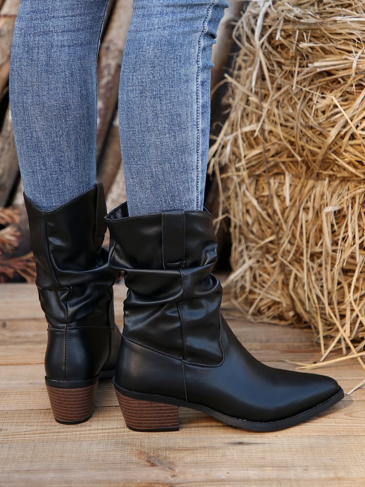 Black thick heel pleated mid-calf boots