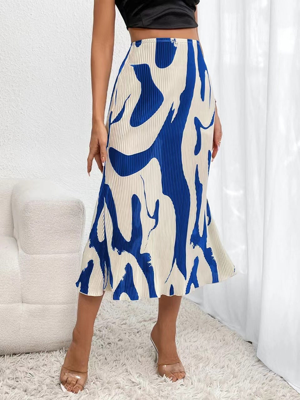 Printed High-Waisted Slim Fit Pleated Skirt