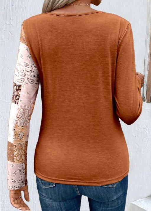 Printed patchwork long-sleeved knitted T-shirt