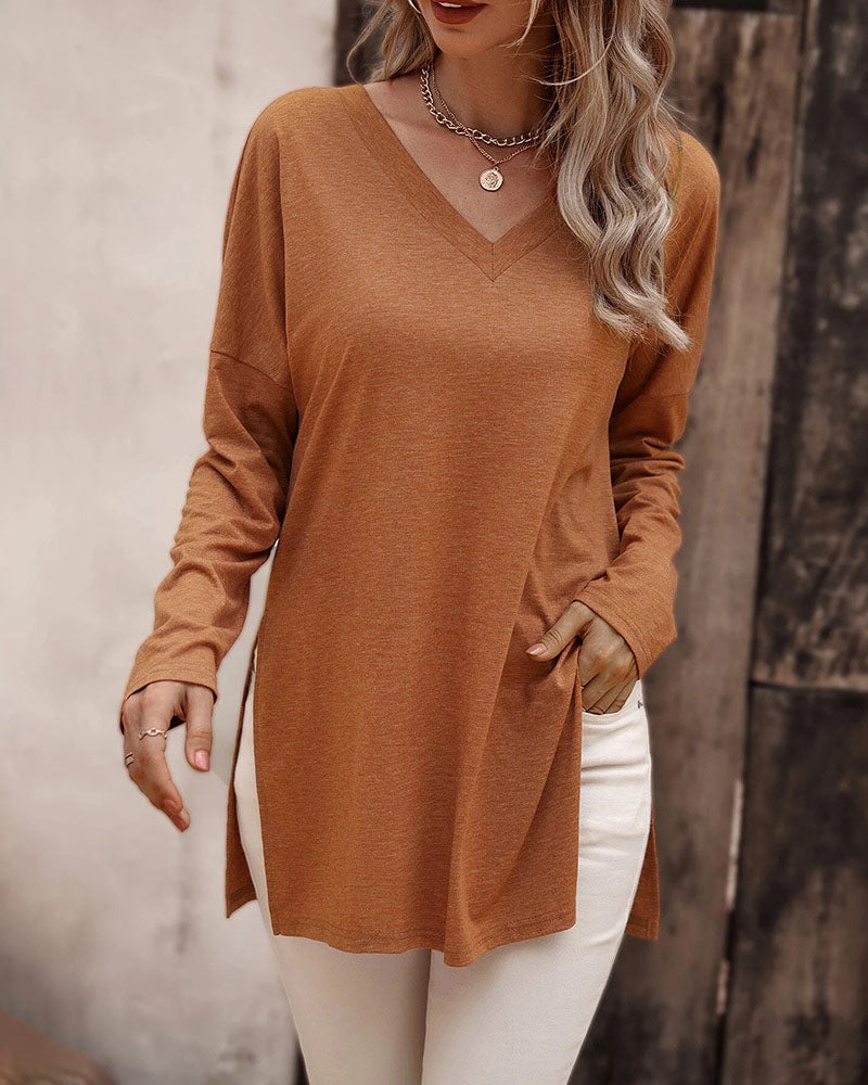 Loose hem slit knitted long-sleeved T-shirt