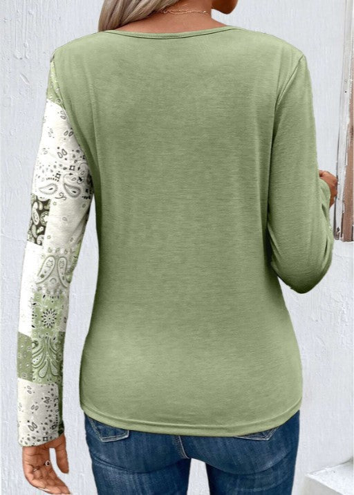 Printed patchwork long-sleeved knitted T-shirt