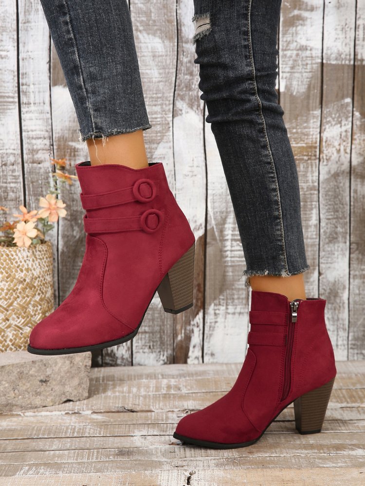 Suede block heel belt buckle side zip Martin boots