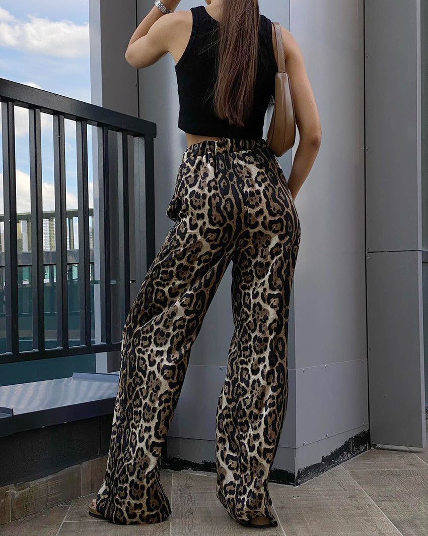 Pantalones anchos con cintura elástica y estampado de leopardo vintage