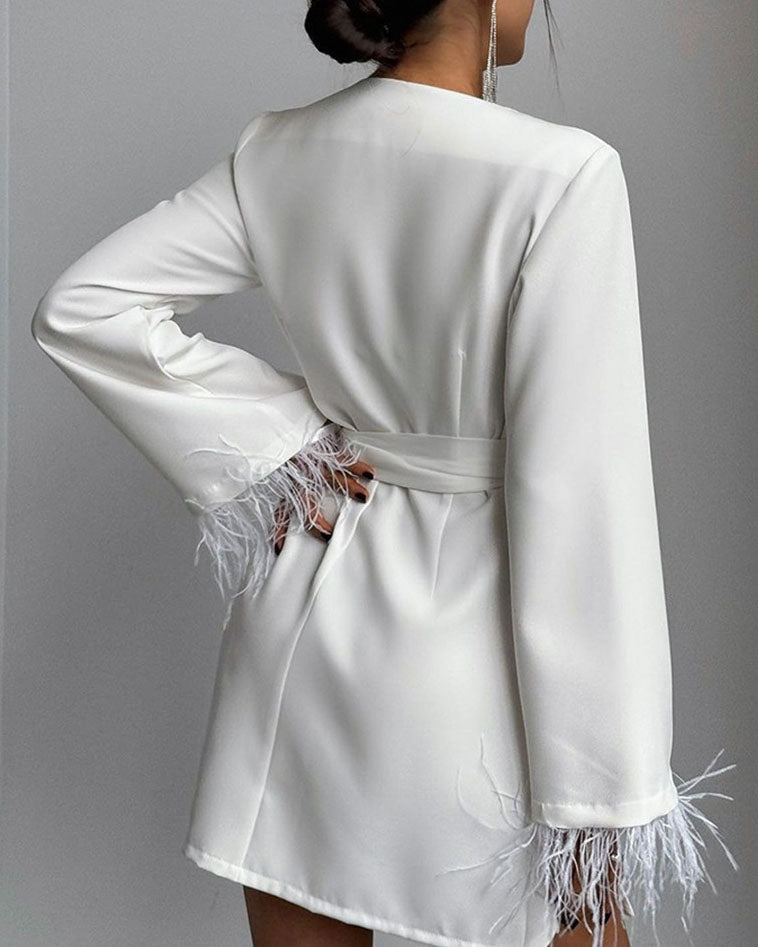 White Lace-up Long Sleeve Feather Mid-length Coat