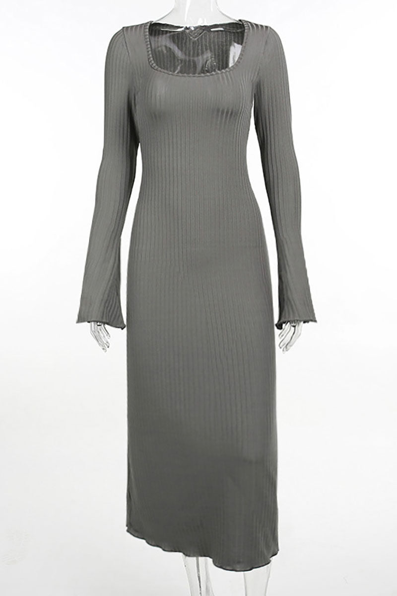 Square neck A-hem long-sleeved knitted dress