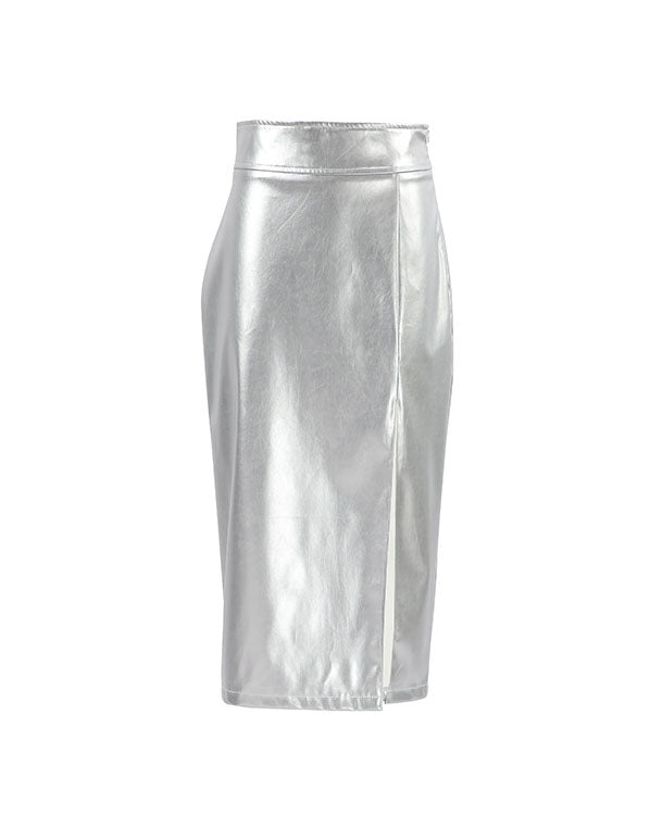 Silver Faux Leather High-Waisted Split Skirt