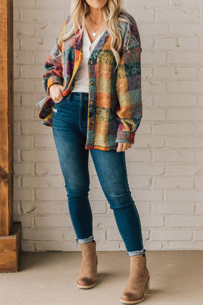 Loose multicolor plaid collarless jacket