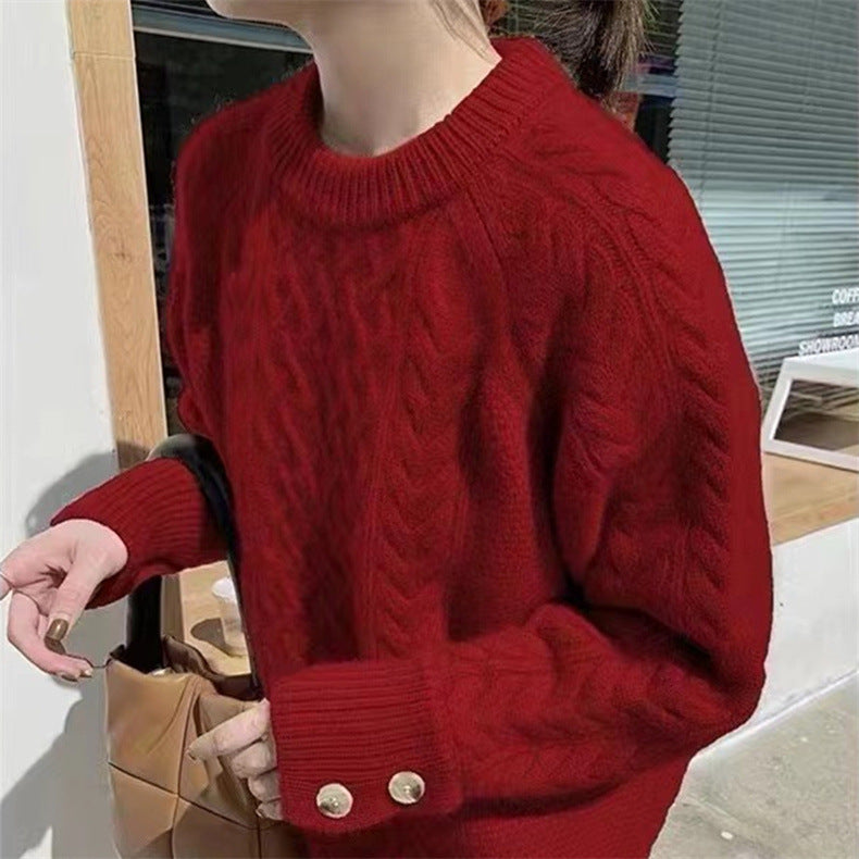 Retro Twist Thick Cuff Button Pullover Sweater