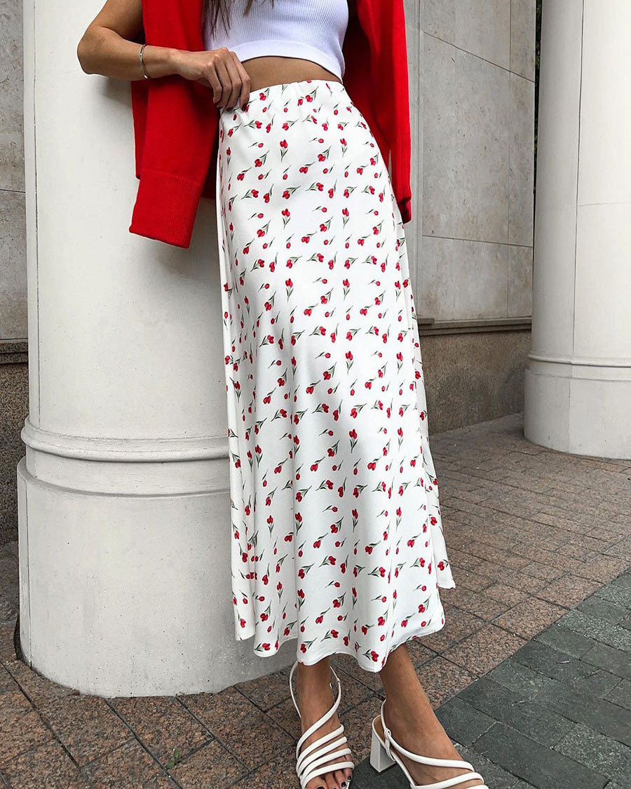 Cherry print high-waisted A-line fishtail skirt