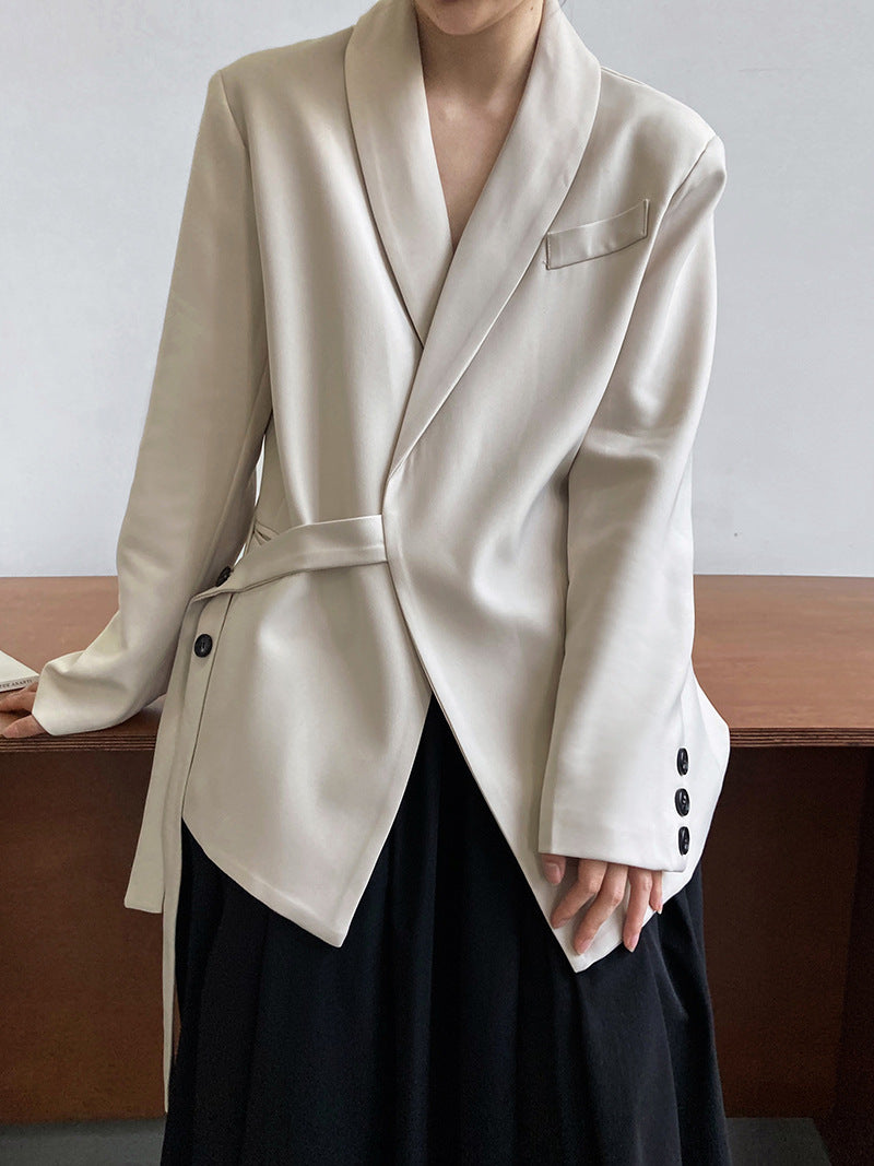 Mandarin collar loose draped side tie suit