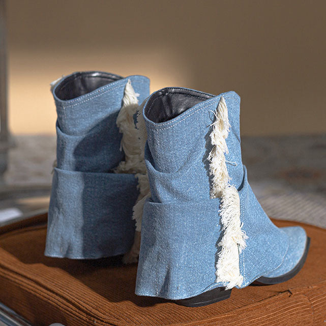 Denim pleated fringed western boots