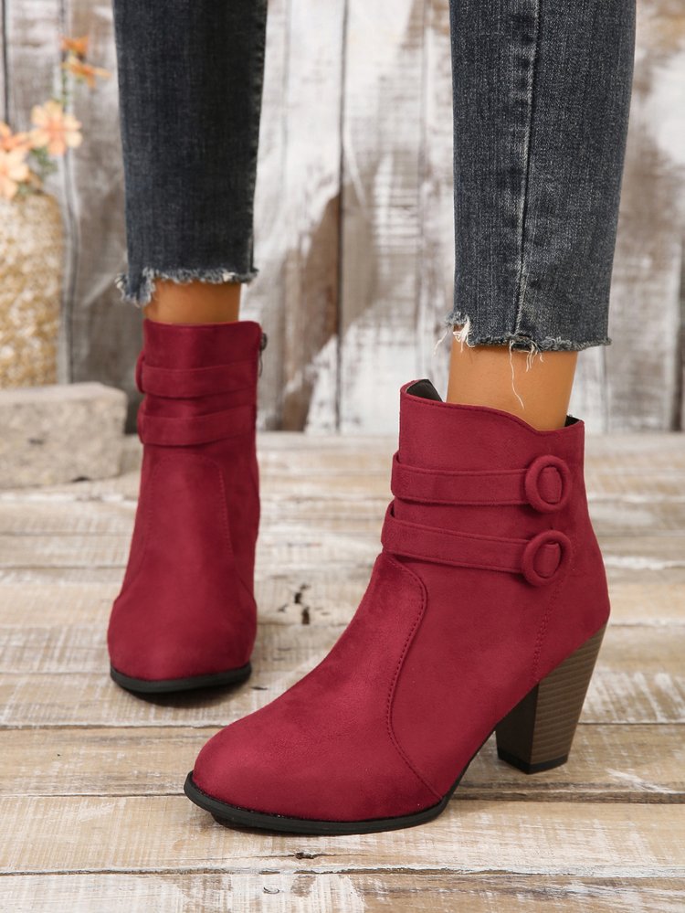 Suede block heel belt buckle side zip Martin boots