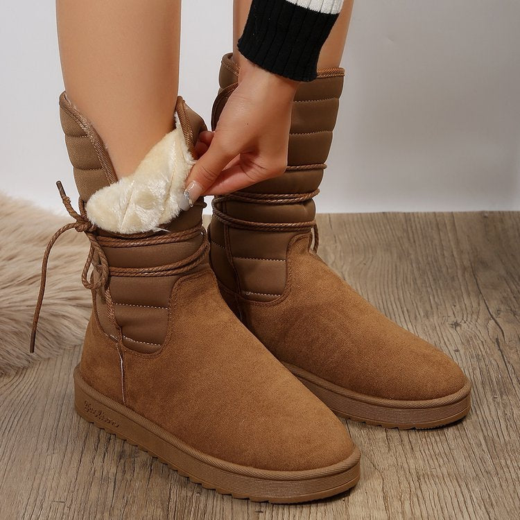 Mid-calf lace-up fleece snow boots