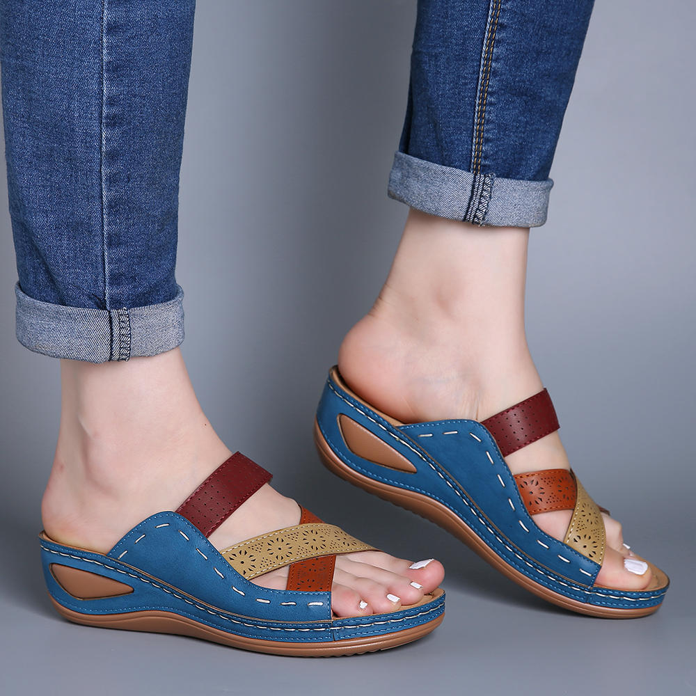 Retro multi-color spliced slippers