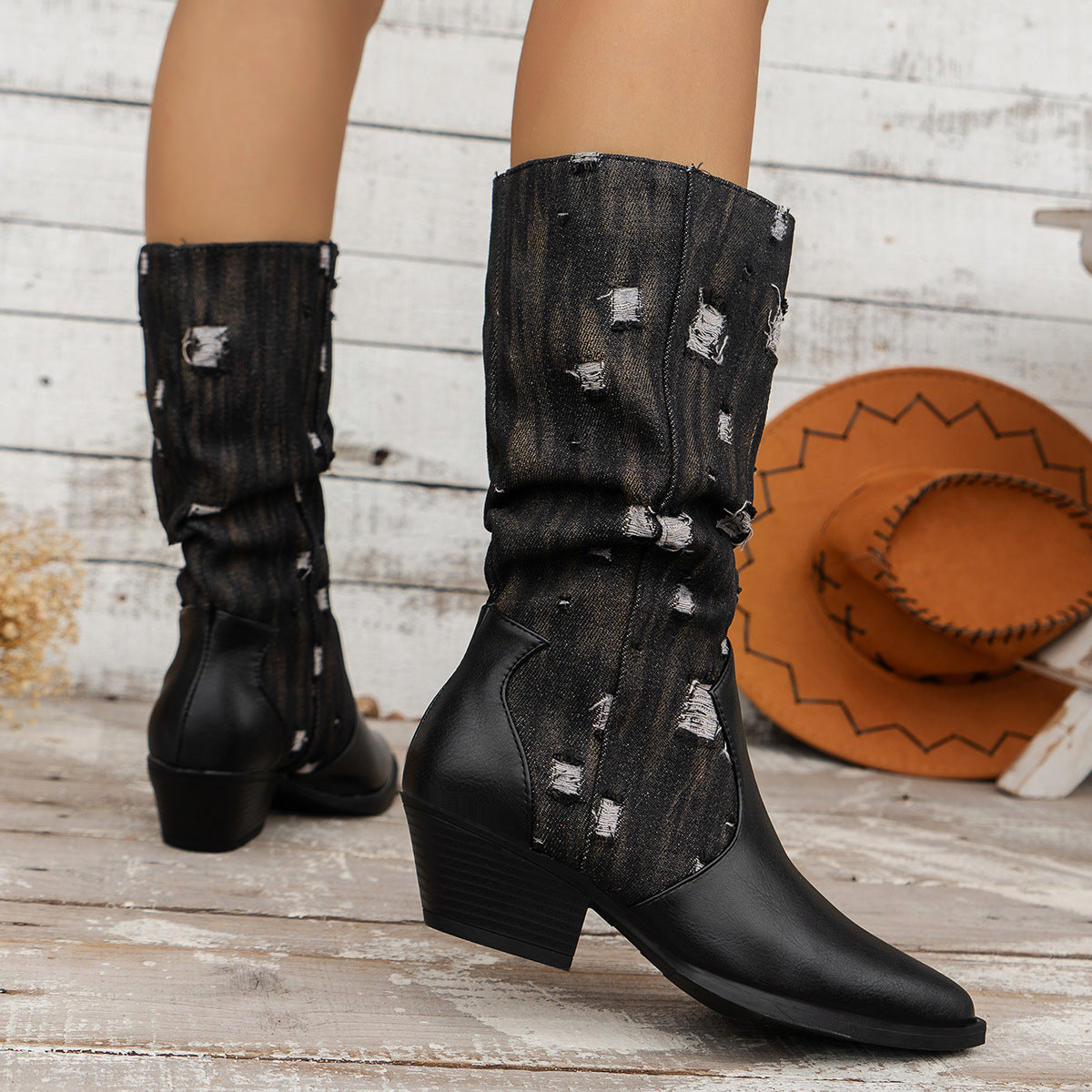 Distressed old style Canvas paneled block heel mid-calf boots