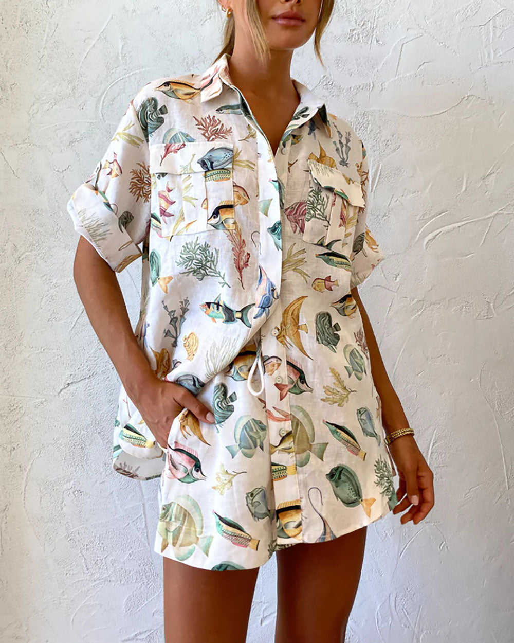 Tropical Ocean Print Short Sleeve Shorts Set