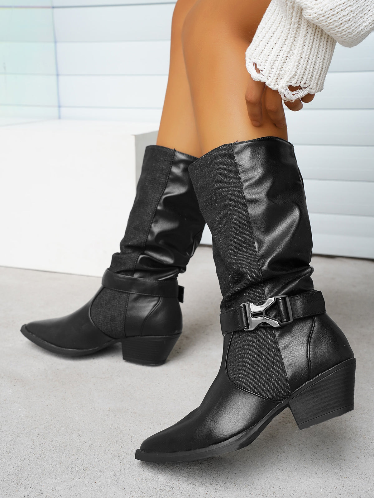 Canvas paneled pointed toe block heel mid-calf boots