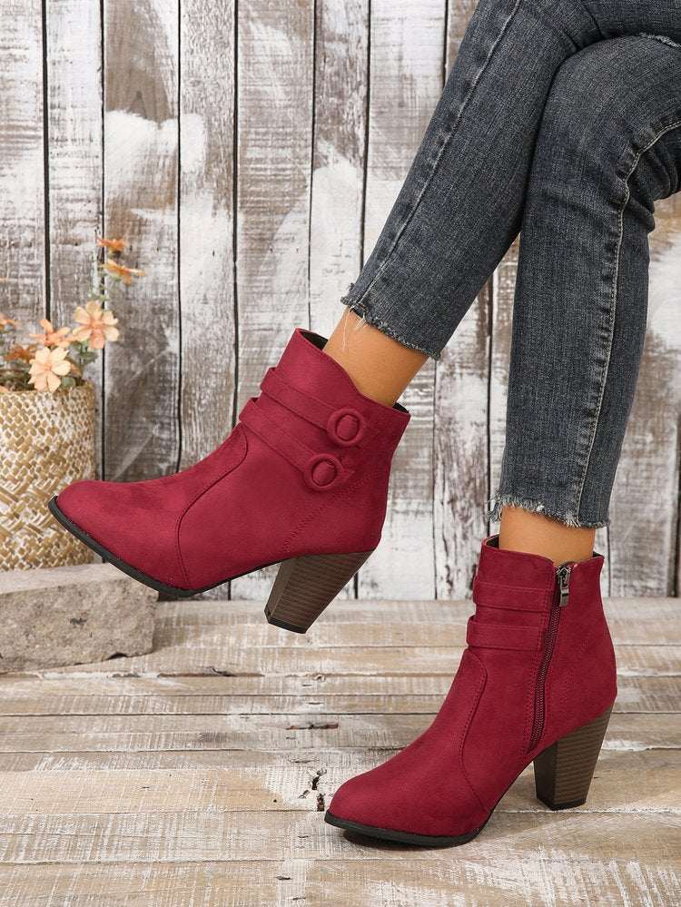 Suede block heel belt buckle side zip Martin boots