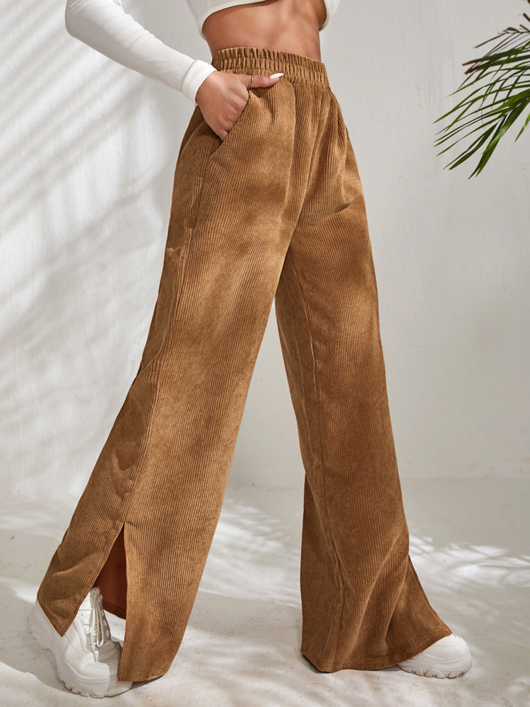 High waist corduroy slit hem trousers