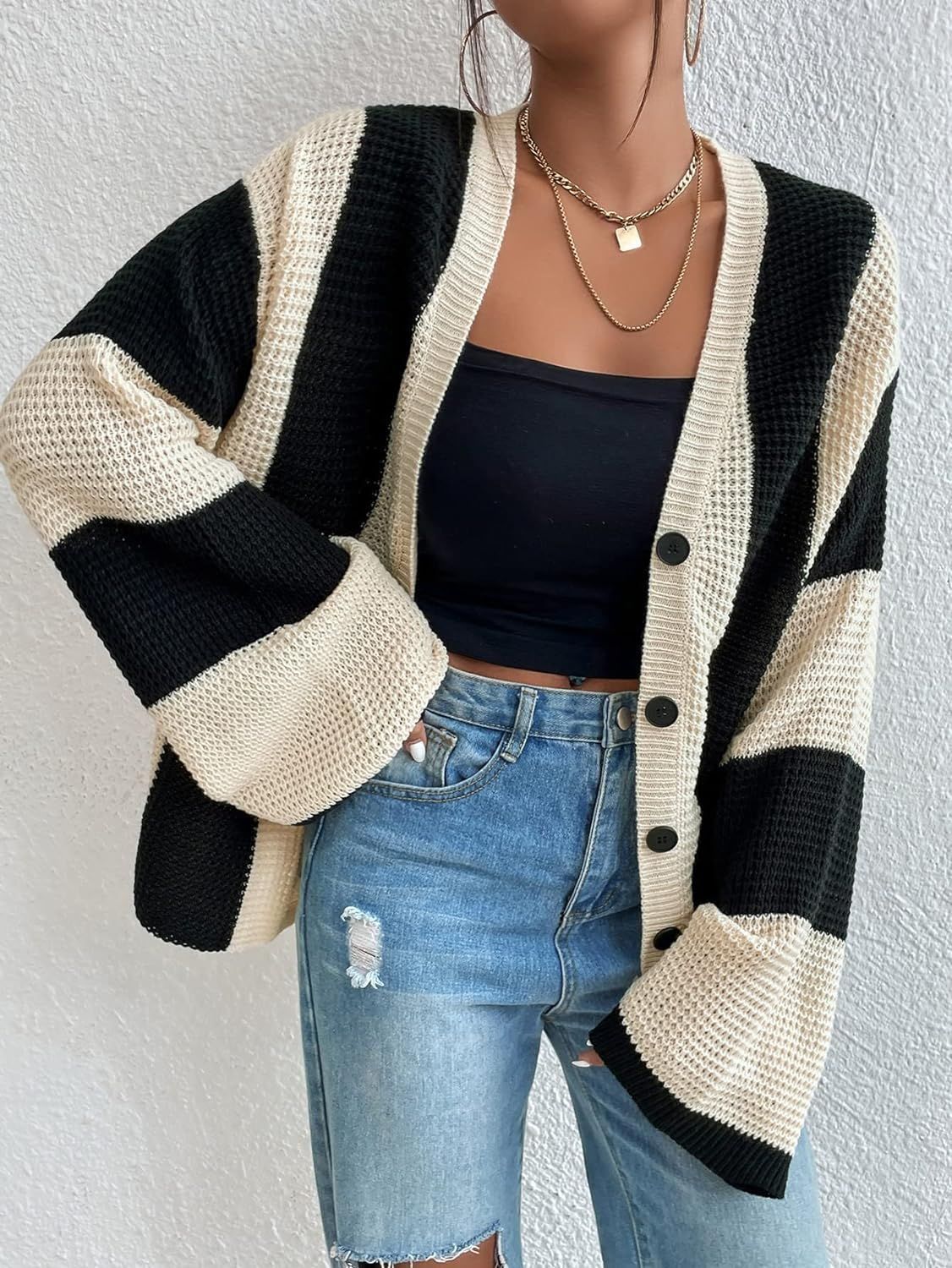 Striped contrast bell sleeve knitted cardigan