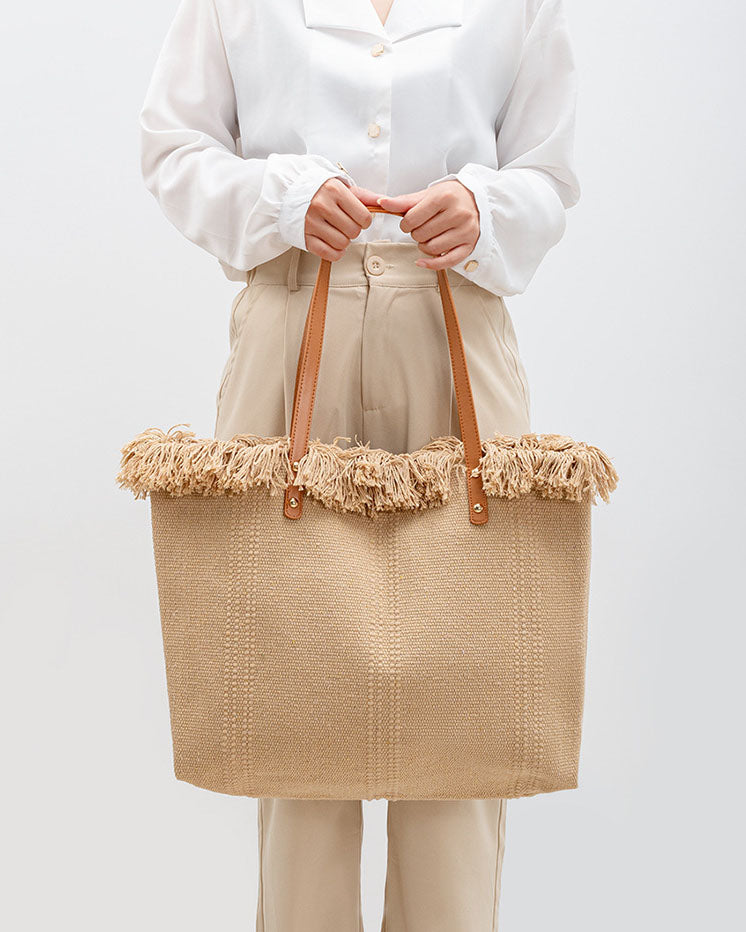 Bolso tote chic de lona con bordes con flecos