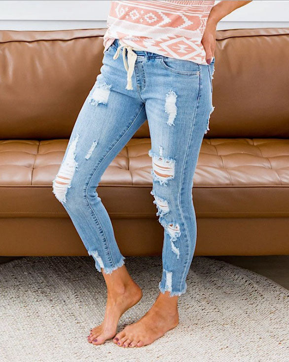 Elastic Waist With Drawstring Distressed Denim Capri Pants