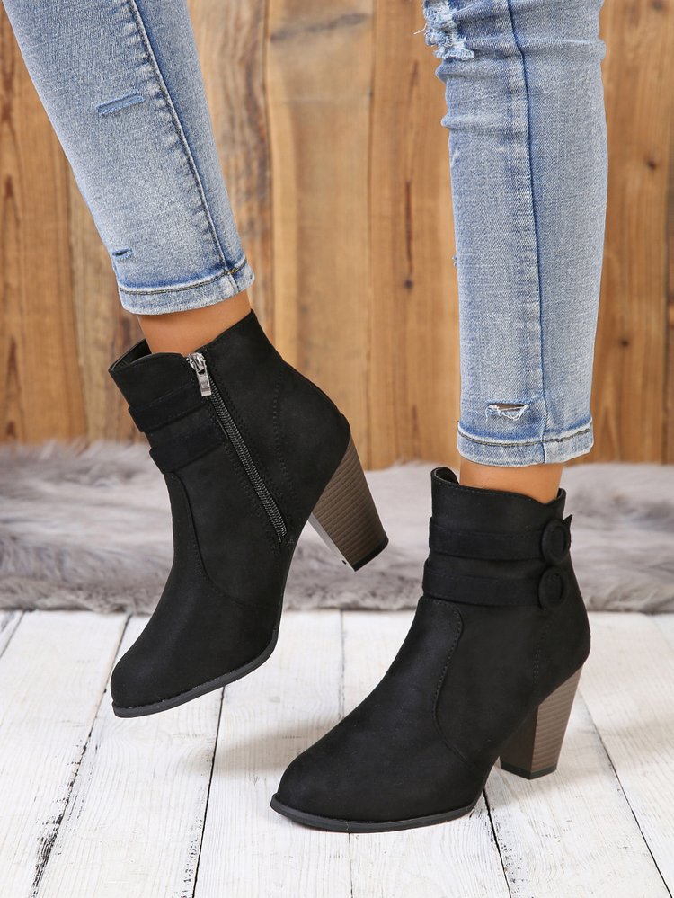 Suede block heel belt buckle side zip Martin boots