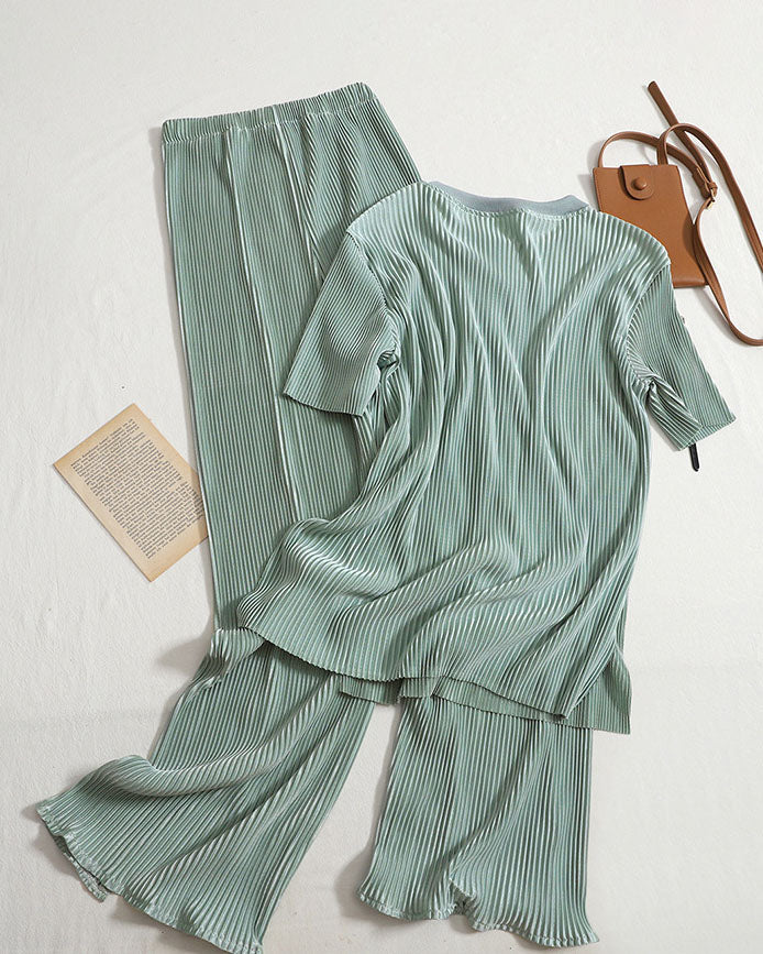 Pleated round neck top slit wide leg pants two-piece set