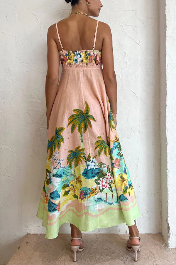 Vestido de tirantes con estampado de paisajes tropicales