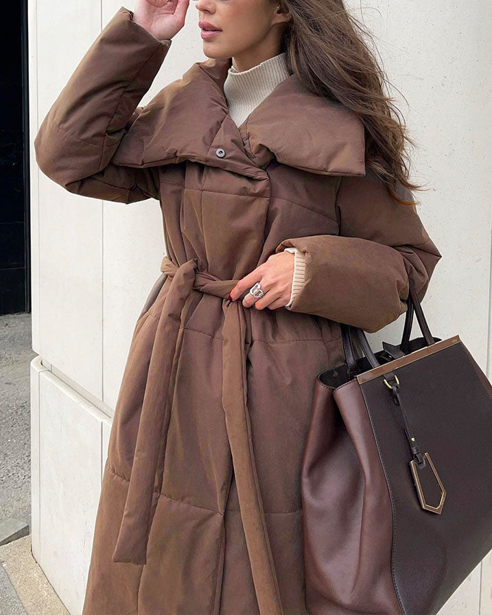 Large lapel tie and belt long cotton coat