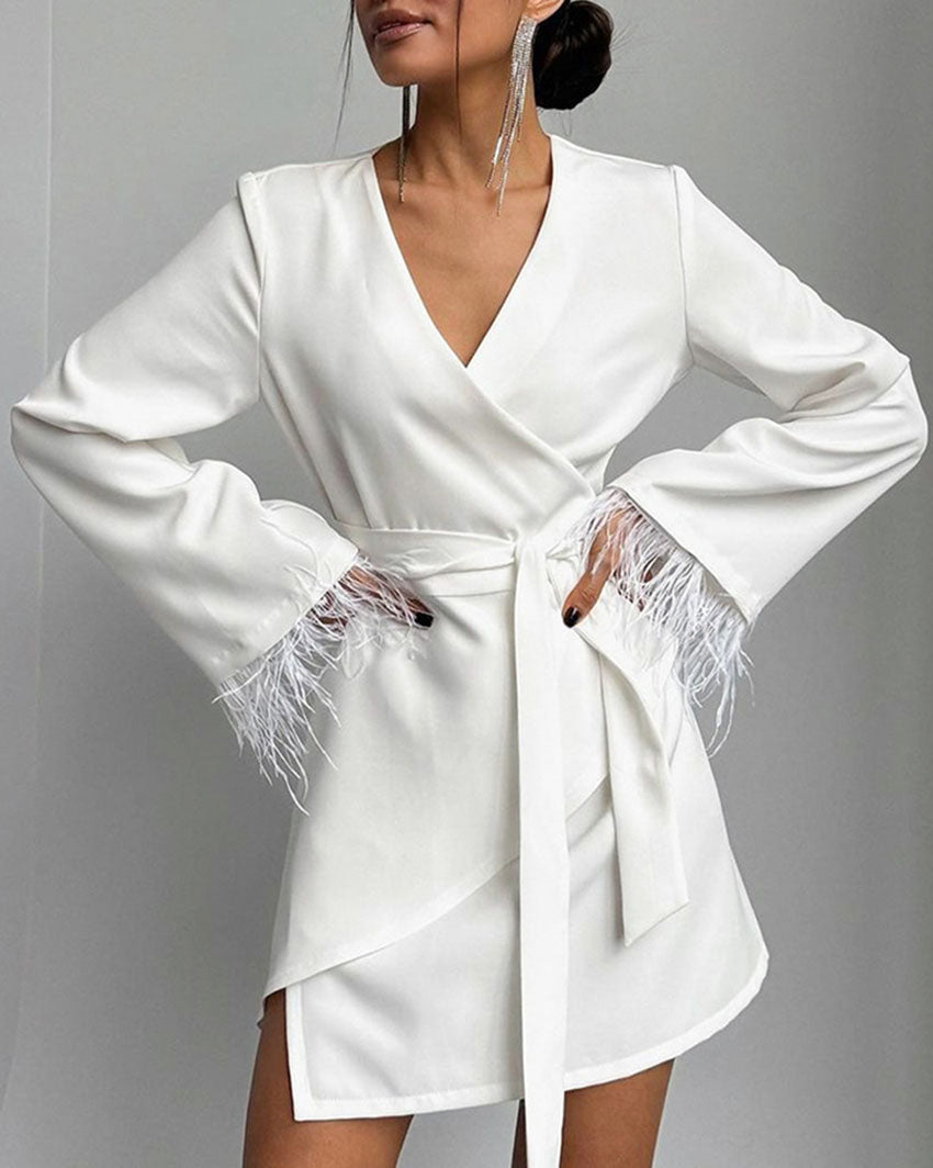 White Lace-up Long Sleeve Feather Mid-length Coat