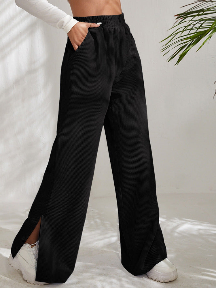 High waist corduroy slit hem trousers