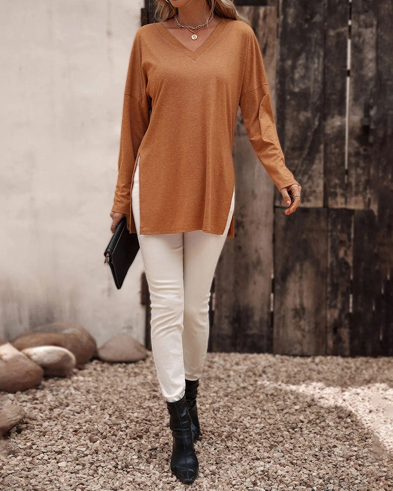 Loose hem slit knitted long-sleeved T-shirt