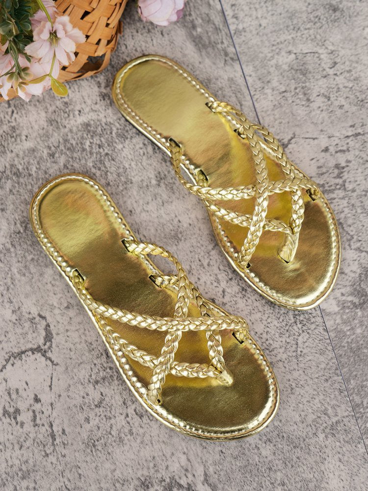 Gold and Silver Woven Toe-Ring Flat Slide Sandals