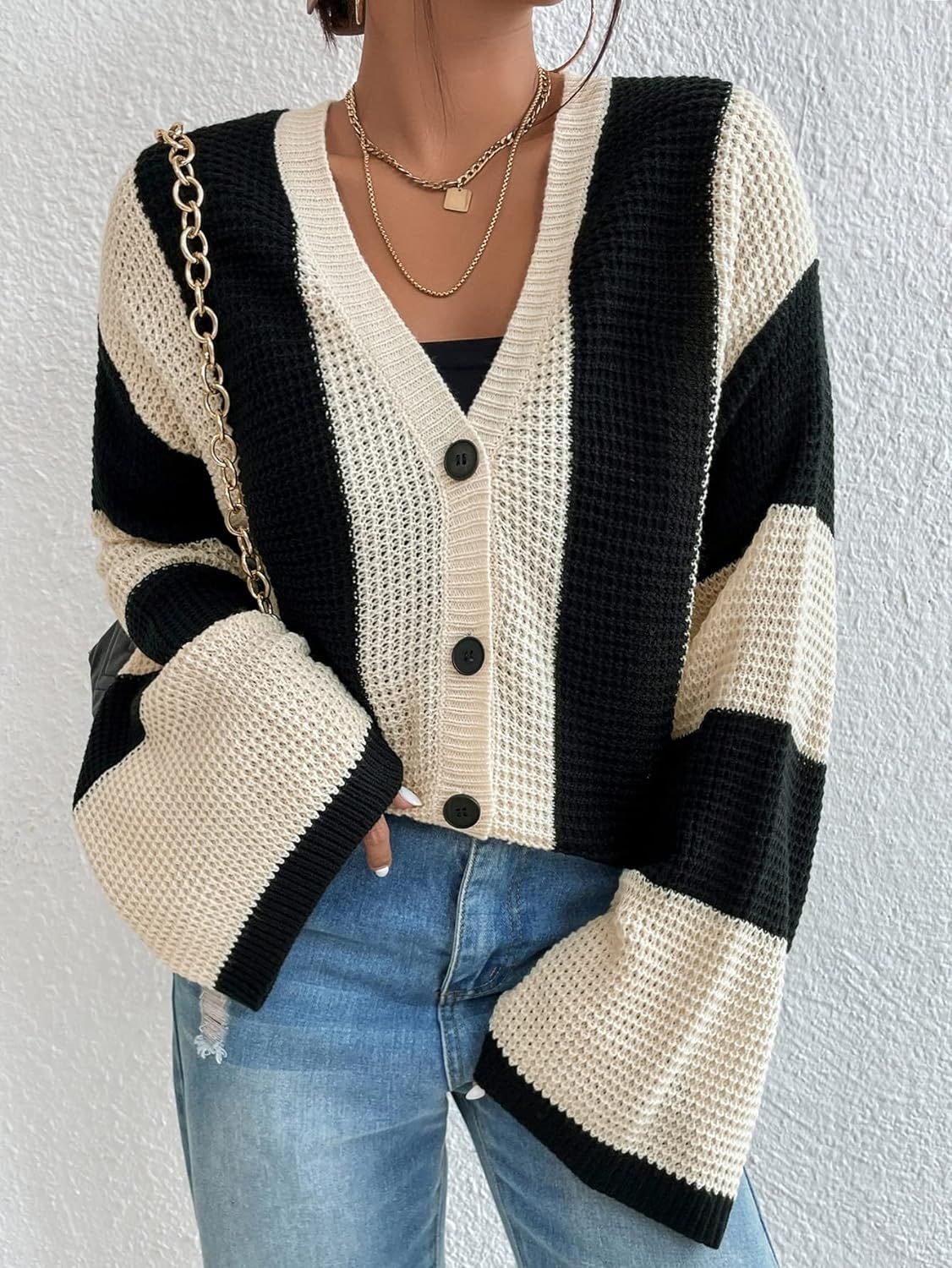 Striped contrast bell sleeve knitted cardigan