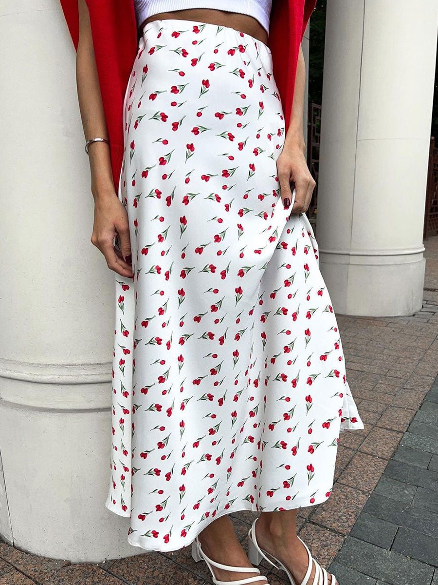 Cherry print high-waisted A-line fishtail skirt