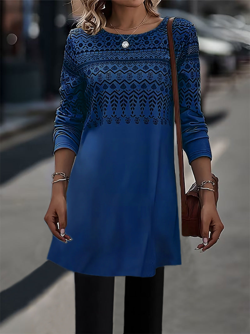 Printed long-sleeved mid-length knitted top