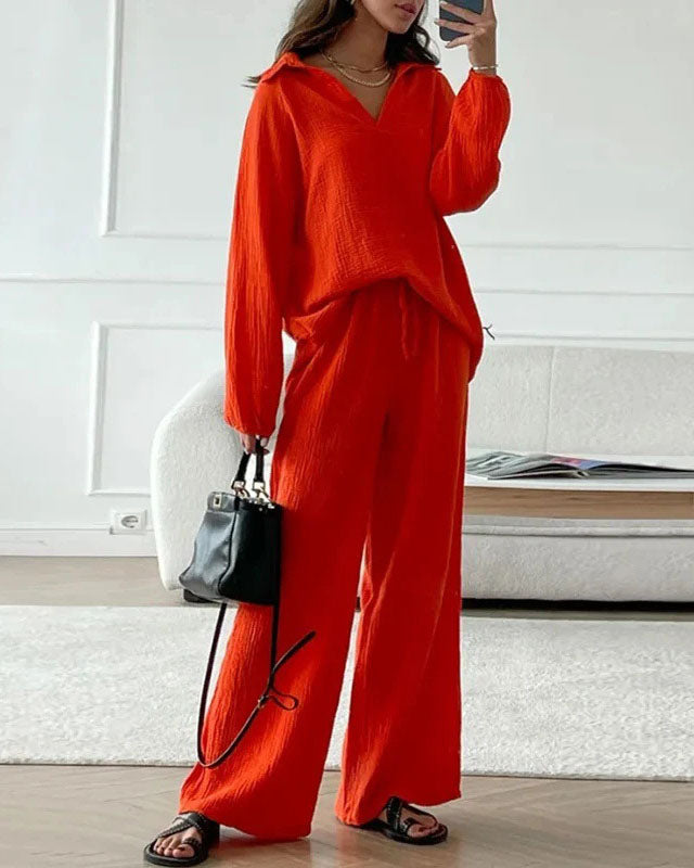 Long Sleeve Lapel Top Drawstring Pants Two-Piece Set