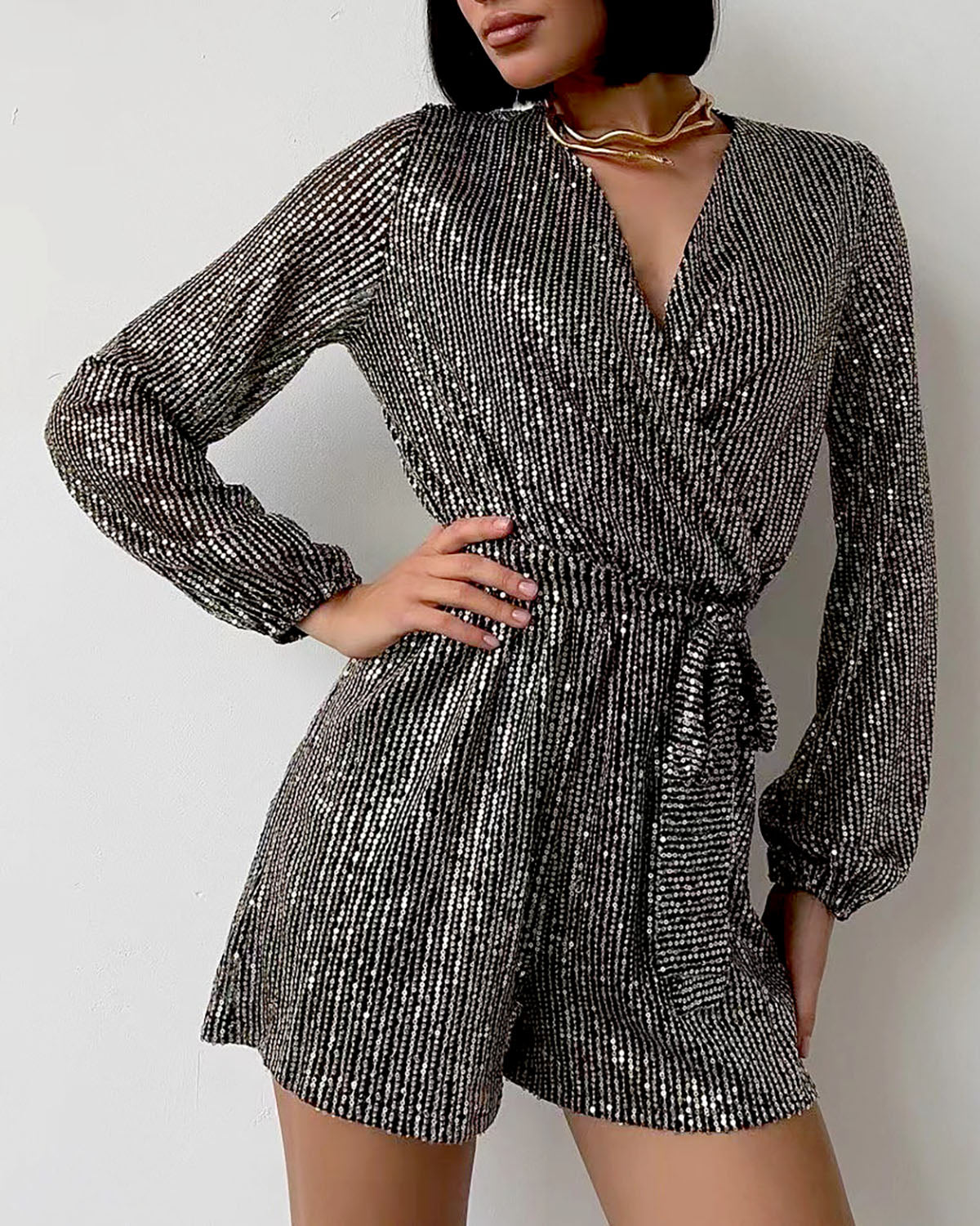 Long Sleeve Sequin Belted Romper