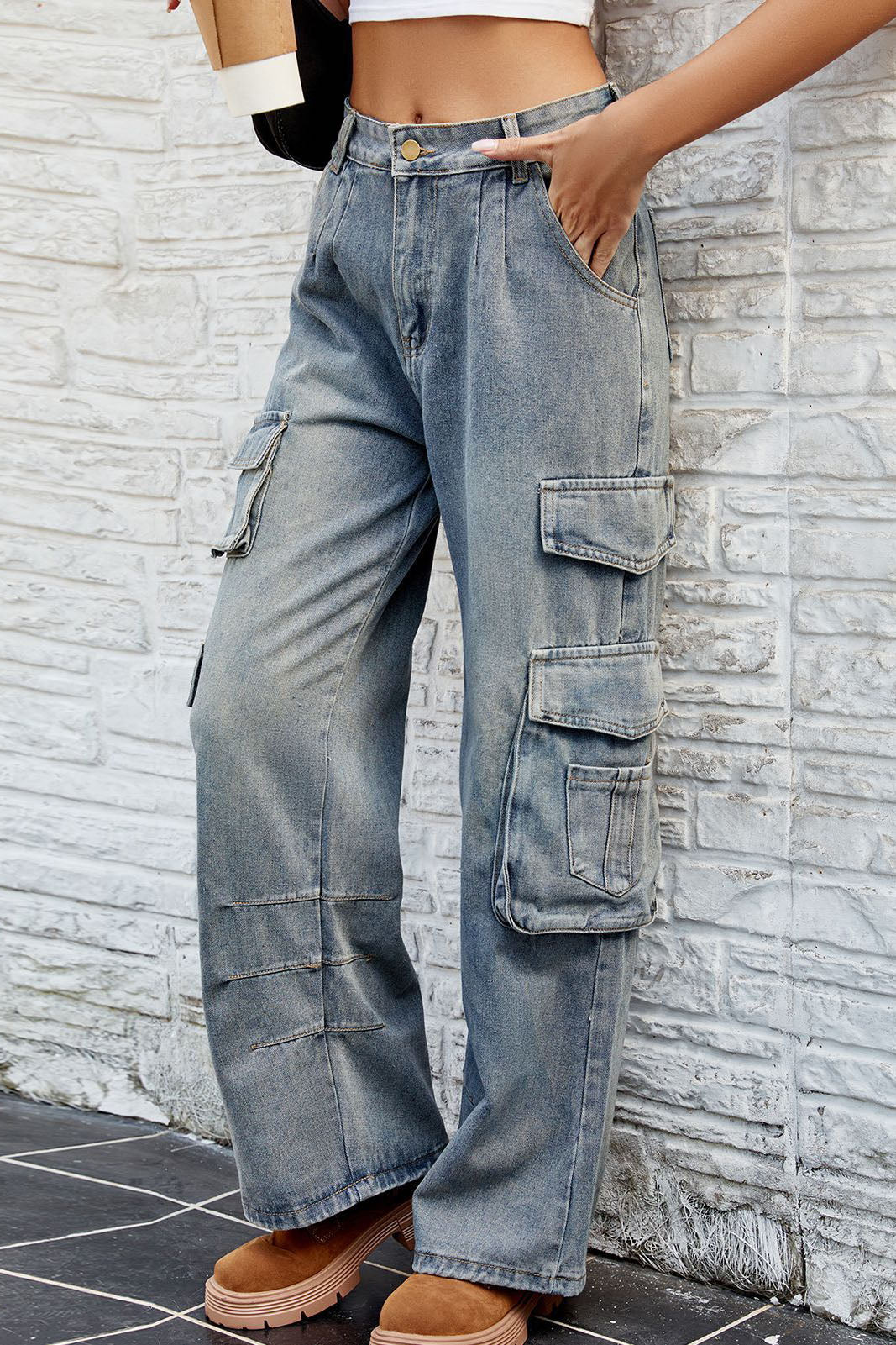 Washed Multi-Pocket Wide-Leg Denim Work Pants