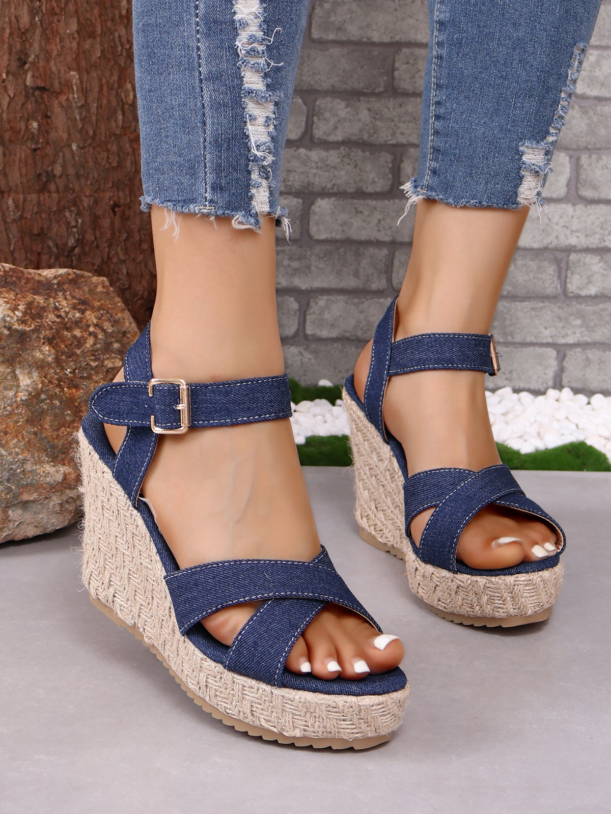 Denim open toe cross strap espadrilles wedge sandals