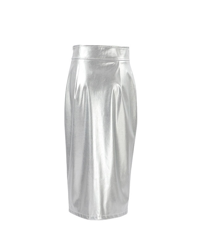 Silver Faux Leather High-Waisted Split Skirt