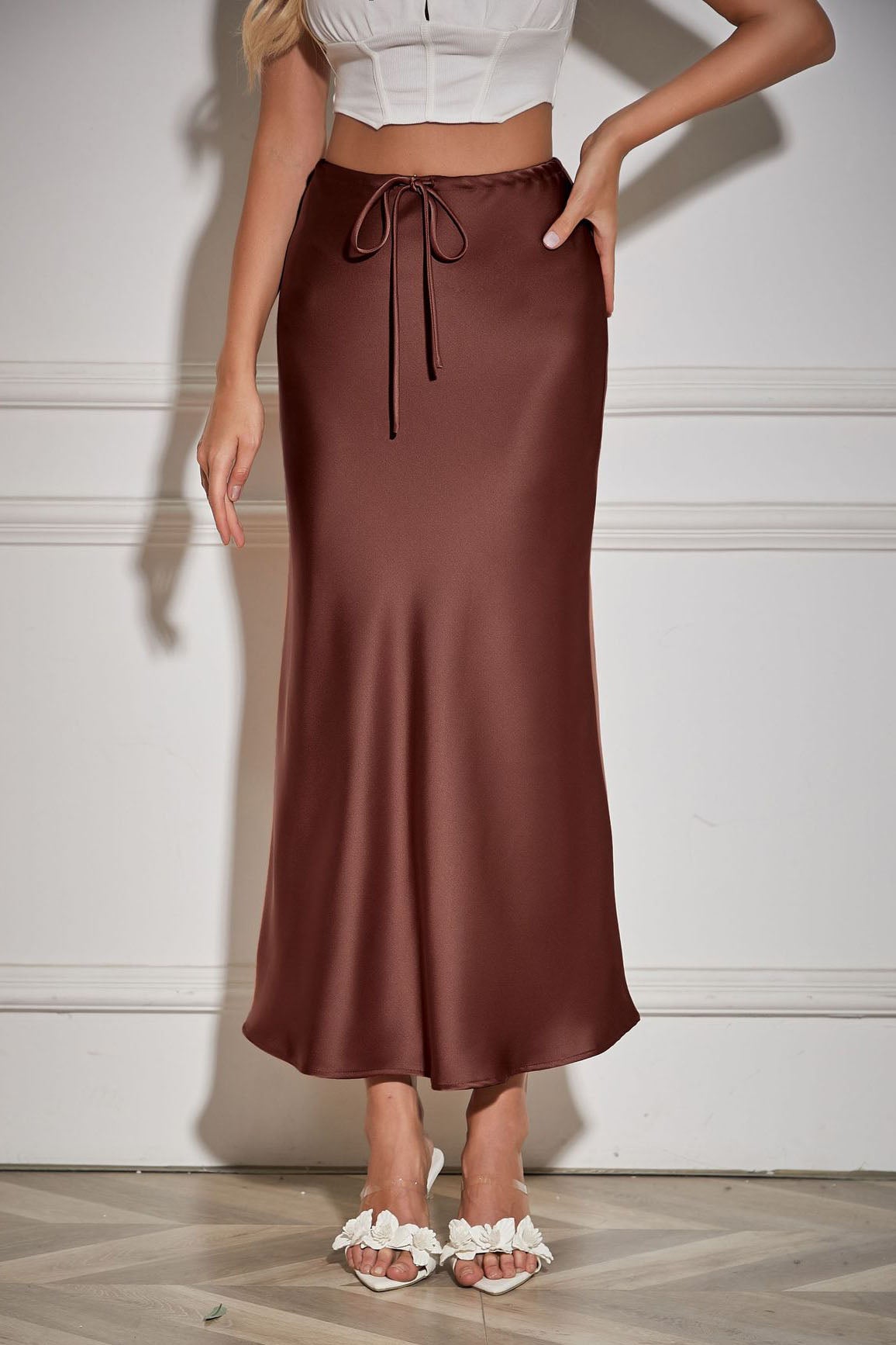 Satin High-Waisted Drawstring Belt Solid Color Midi Skirt