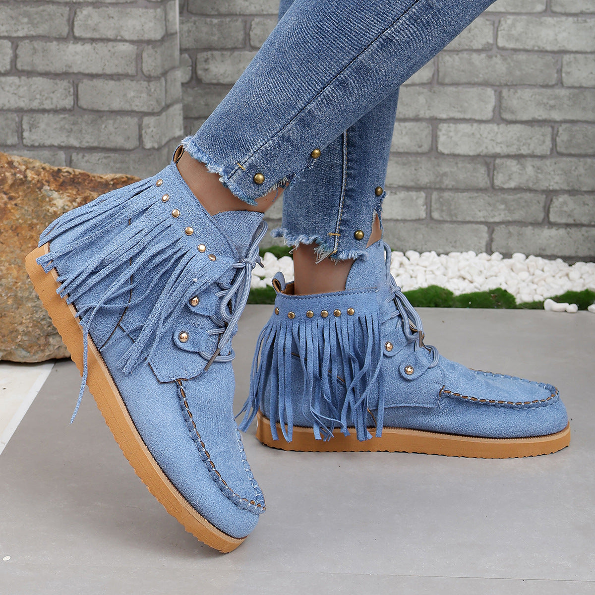 Suede fringed lace-up flat Chelsea boots