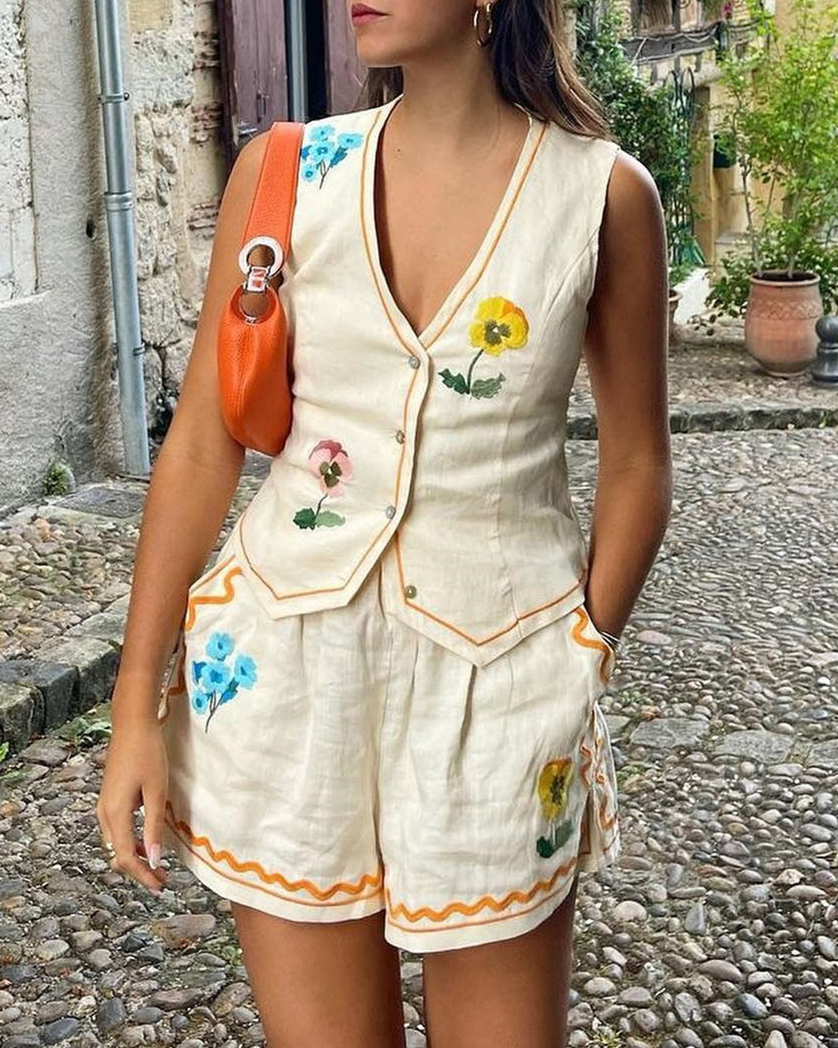 Cotton Linen Sleeveless Embroidered Vest Shorts Set