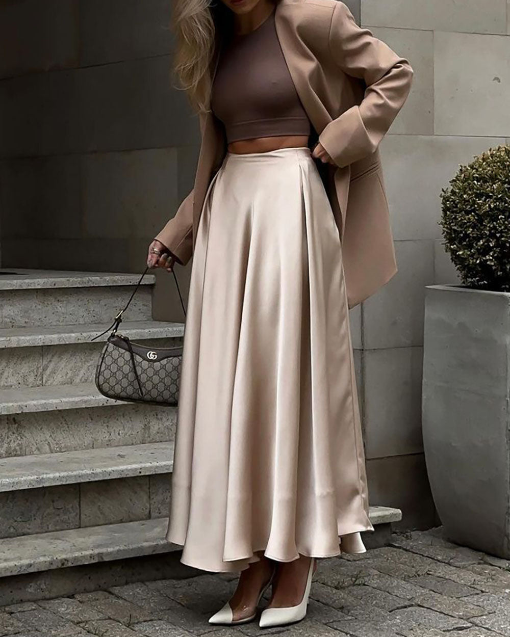 Solid Color High-Waisted Satin Midi Skirt