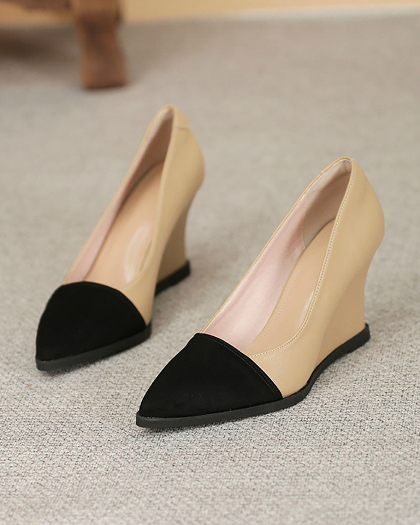 Khaki Colorblock Pointed Toe Wedge Heels