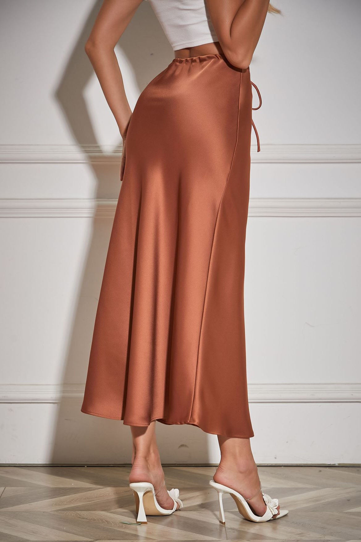 Satin High-Waisted Drawstring Belt Solid Color Midi Skirt