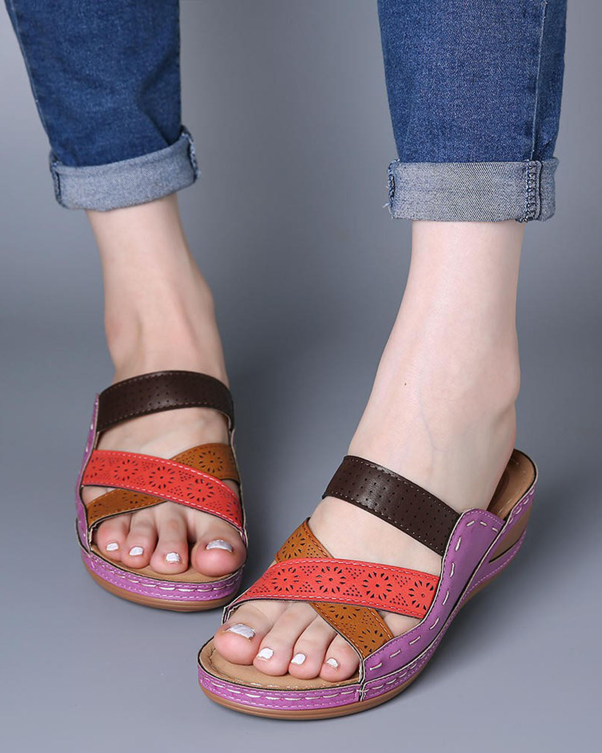 Retro multi-color spliced slippers