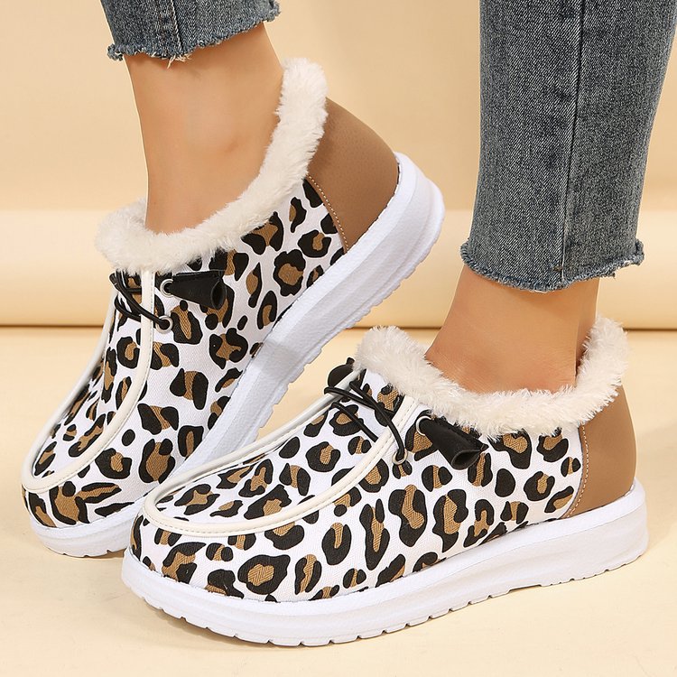 Leopard print flat slip-on plush snow shoes